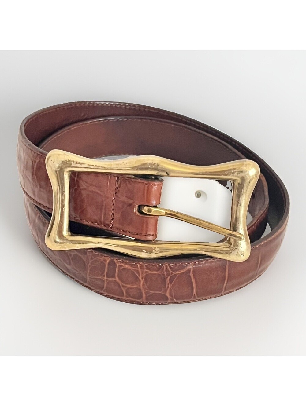 VTG Cole Haan Unisex Belt Sz 32 Brown Croc Embossed Italian Leather Brass Buckle